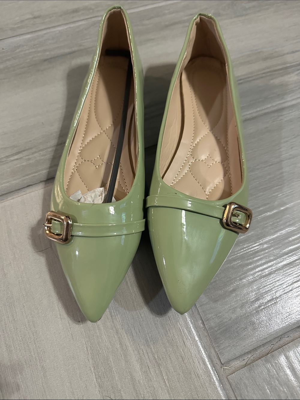 Pointed Toe Green Patent Ballet Flats with Gold Buckle